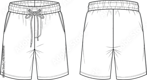 Blank men shorts technical fashion sketch front and back view with drawstring waistband, sportswear apparel design template illustration