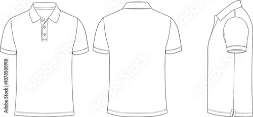Blank polo shirt technical fashion sketch front back and side view, classic collared t shirt apparel design template