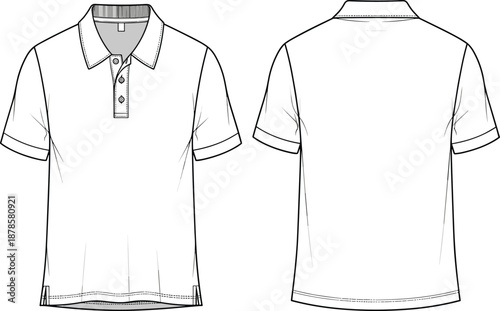 Blank polo shirt template front and back view, short sleeve collared apparel mockup outline vector for branding design