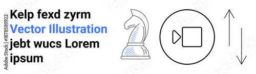 Strategy, media creation, decision-making, direction, focus, technology development. Chess knight, video play symbol arrows. Strategy and media creation concepts
