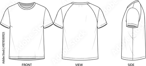Blank raglan t shirt technical fashion sketch front back and side view, apparel design template vector illustration
