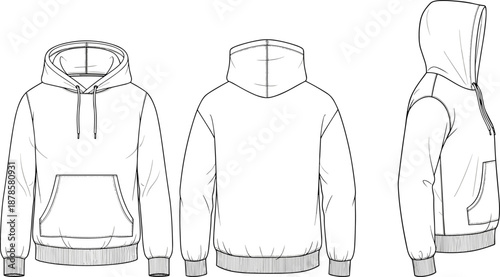 Blank hoodie technical fashion sketch front back and side view, hooded sweatshirt apparel design template vector illustration