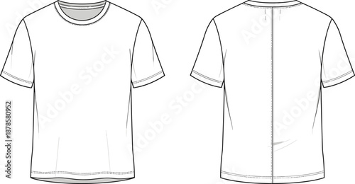 Blank t shirt technical fashion sketch front and back view, classic crewneck apparel design template vector illustration