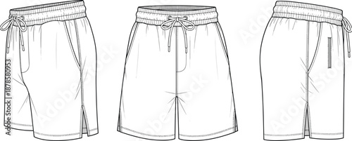 Blank shorts technical fashion sketch front side and back view with drawstring waistband, sportswear apparel design template