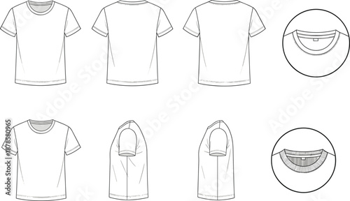 Blank T-shirt technical sketch set with front back and side views, crew neck details, outline vector apparel template