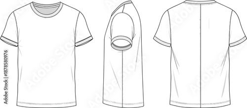 Blank t shirt technical fashion sketch showing front, side and back views, apparel design template for mockup illustration