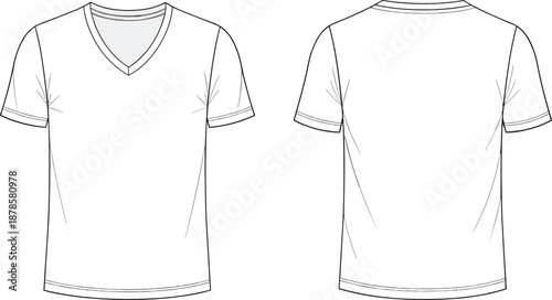 Blank v neck t shirt technical fashion sketch front and back view, men apparel design template vector illustration