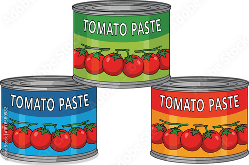 Tomato paste cans illustration, colorful food packaging design, canned tomato product vector, grocery ingredient concept, isolated on white background artwork