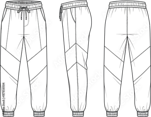 Flat vector illustration of men’s jogger pants with elastic waistband, front side and back views, fashion technical drawing