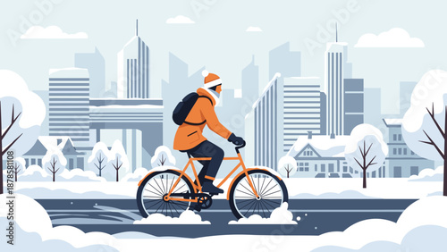 Cyclist riding a fat bike in a winter city for promoting active transportation and winter cycling awareness
