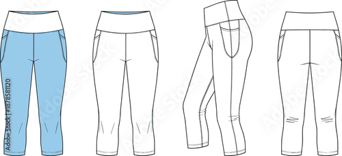 Flat vector illustration of women’s cropped leggings with high waist, front back and side views, fashion technical drawing isolated