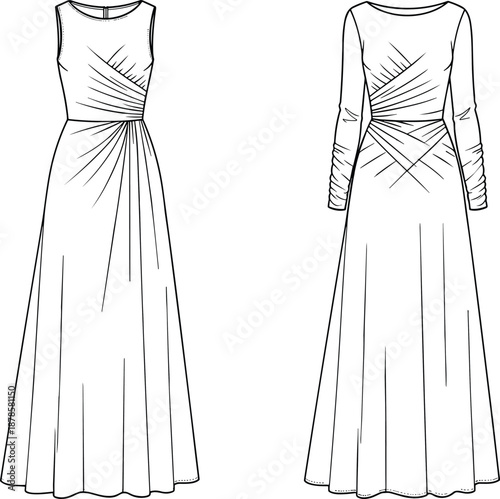 Flat vector illustration of women’s elegant evening gown with ruched waist, sleeveless and long sleeve versions, front back views design