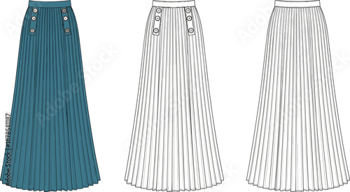 Flat vector illustration of women’s pleated maxi skirt with button detail, front and back views, fashion technical drawing isolated
