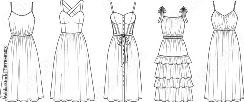 Flat vector illustration set of women’s summer dresses with spaghetti straps, ruffles and buttons, fashion technical drawings isolated