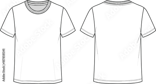 Front and Back View Blank T Shirt Mockup Template, Minimal Line Art Vector Illustration for Fashion Apparel Design Presentation