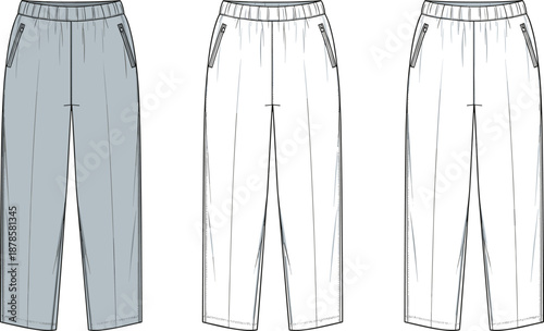 Flat vector jogger pants technical fashion illustration with elastic waistband zip pockets front view apparel design template for sportswear and casualwear