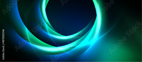 Abstract swirls, vibrant blues, greens create dynamic energy. Smooth gradients suggest movement, depth within darkness.