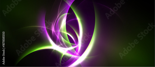 Abstract swirls, vibrant purple, green hues dominate. Light streaks create dynamic energy, flowing forms suggest movement. Dark background emphasizes luminosity.