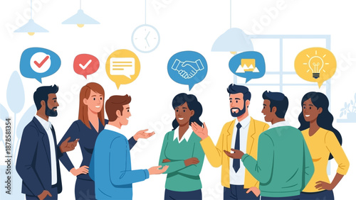 Diverse group discussing ideas represented by speech bubbles and symbols around them in a modern office setting with various light fixtures