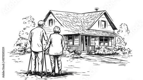 Elderly Couple Standing Near House Illustration.