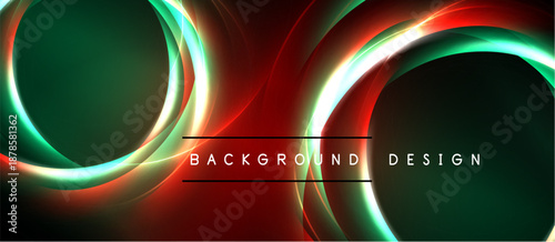 Abstract glowing lines create circular shapes. Dark background contrasts vibrant green, red, white hues. Modern design element.