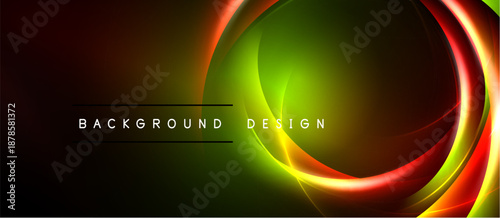 Abstract neon lines create dynamic curves. Bright colors blend into dark background. Modern design element for digital projects.