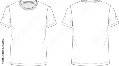 Front and back view blank T-shirt template vector outline, short sleeve crew neck apparel mockup design for fashion branding