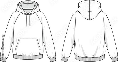 Front and Back View Hoodie Template Mockup with Drawstring and Pocket, Minimal Line Art Vector Illustration for Apparel Design