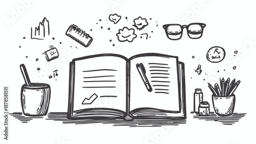 Open book with pencil and objects around.