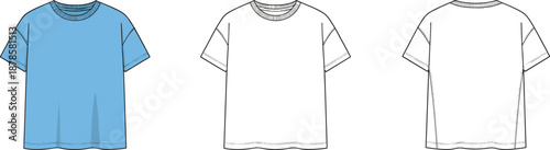 Kids t shirt fashion illustration set showing blue and white short sleeve tops, front and back views, clean apparel template