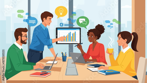 Business team discussing 4a39178c strategy around a table with laptops and graphs