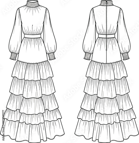 Long sleeve tiered maxi dress technical fashion sketch with ruffle layers, front and back views, elegant women apparel design template