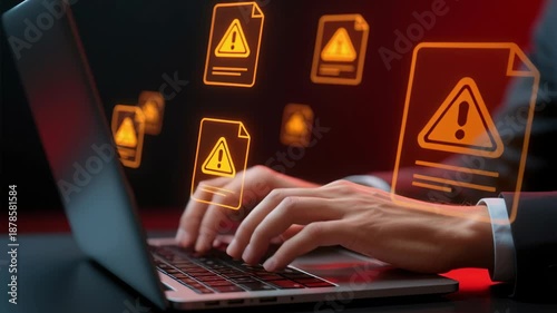 Warning alert windows from security system or software. Application problem or issue. Businessperson using laptop computer with error message.