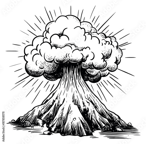 Hand drawn line art illustration of a mushroom cloud explosion depicting a powerful blast for danger concepts