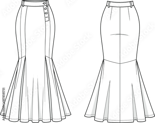 Mermaid skirt technical drawing with front and back views, high waist waistband, button details, fashion flat sketch