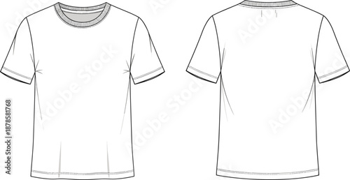 Minimal white t-shirt technical flat sketch showing front and back views, short sleeve crew neck apparel vector illustration