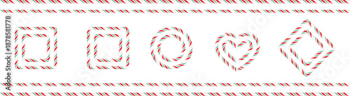 Festive candy cane striped holiday borders and decorative frames vector set