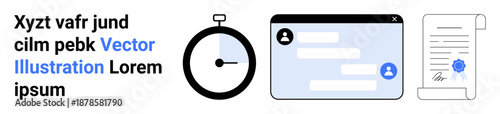 Time management, messaging, authentication, remote work, digital privacy, document signing. Stopwatch, chat screen signed document. Time management and messaging in digital interactions highlighted
