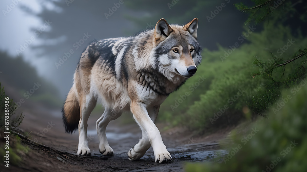 Obraz premium A lone wolf walks boldly along a narrow path deep within a forest, showing strong posture, focused gaze, and fearless energy in a natural wilderness setting