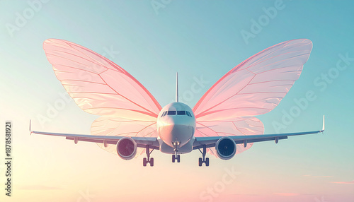 White passenger jet centered with translucent butterfly wings, minimal fantasy aviation scene, soft pastel sky, dreamy atmosphere, creative surreal concept, uplifting and imaginative