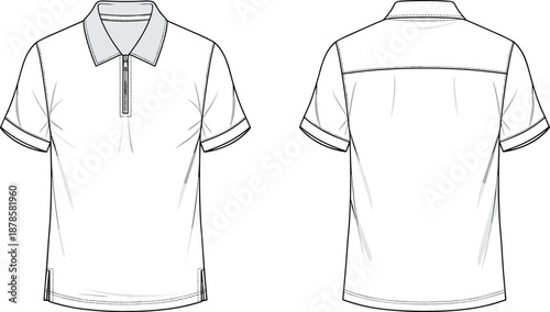 Technical fashion flat sketch of short sleeve polo shirt with zipper placket, tailored fit and clean construction front and back views