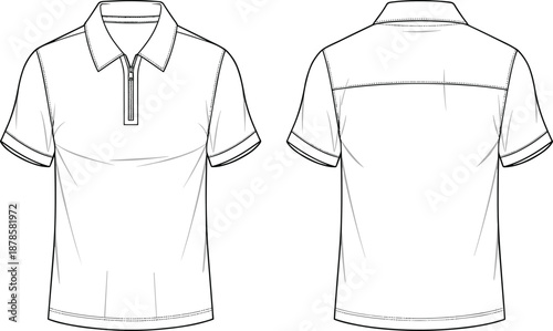 Technical fashion flat sketch of short sleeve polo shirt with zipper placket, classic collar and clean fit front and back views