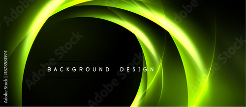 Abstract neon lines form curved shapes over black background. Text reads background design. Vivid green glows create dynamic visual effect.