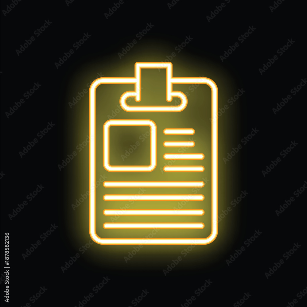 Fototapeta premium Bright yellow neon icon of a clipboard with attached papers representing a curriculum vitae glowing on a black background