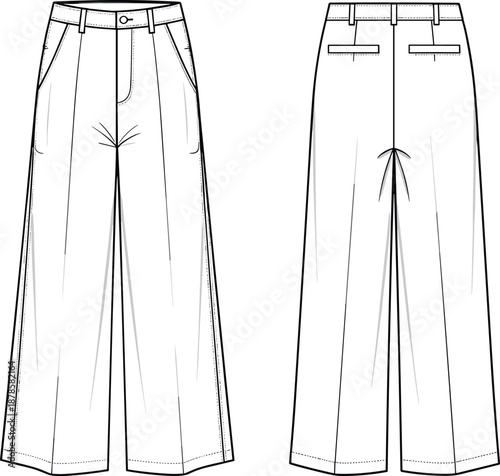 Wide leg trousers technical drawing with front and back views, high waist belt loops, fashion flat pants sketch