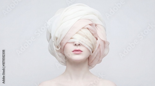 Ethereal portrait of woman with face covered by flowing sheer fabric in pale tones against light gray background