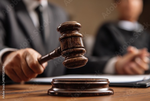 Judge is sitting at the bench with their hand on top of a wooden gavel, about to lift it up and hit it down onto the table.