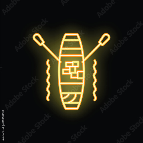 Yellow neon icon of a stand up paddle board with a paddle on each side, floating on stylized water waves
