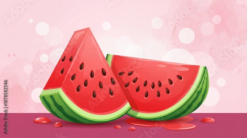 Two slices of fresh watermelon with seeds and juice a pink watercolor background