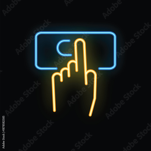 Neon glowing hand touching copyright symbol inside a button on a black background